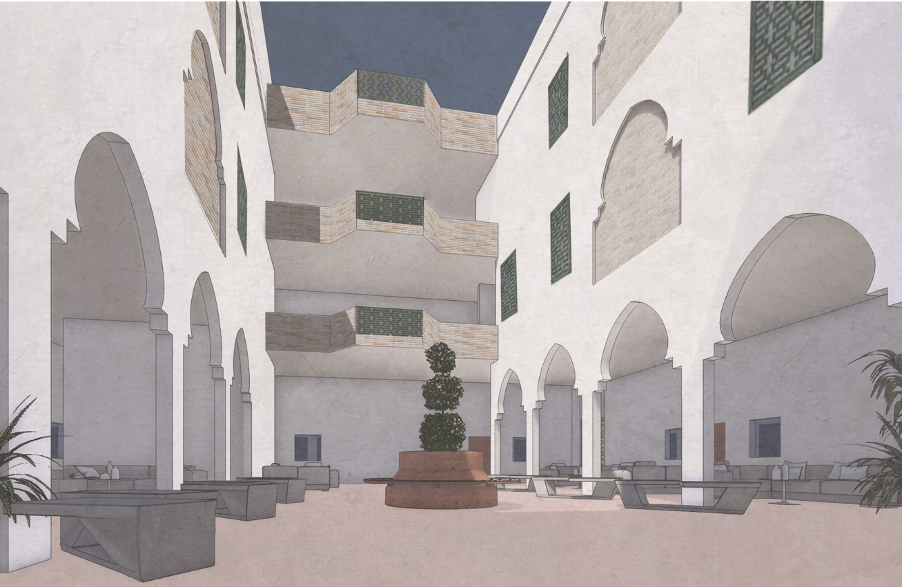 Shaded arcaded courtyard creating a calm, semi-open gathering space within the residential block.