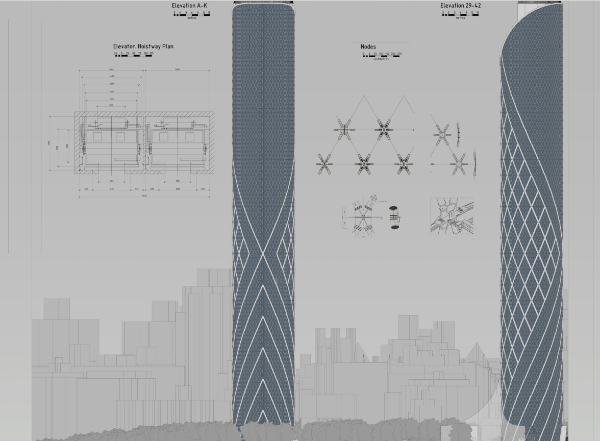 Diagrid structural system and elevation studies illustrating the tower’s wind-responsive geometry.
