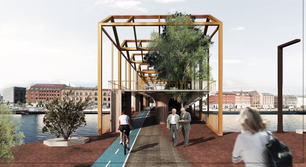A timber-framed urban bridge integrating cycling lanes, pedestrian spaces, and elevated greenery along Copenhagen’s waterfront.