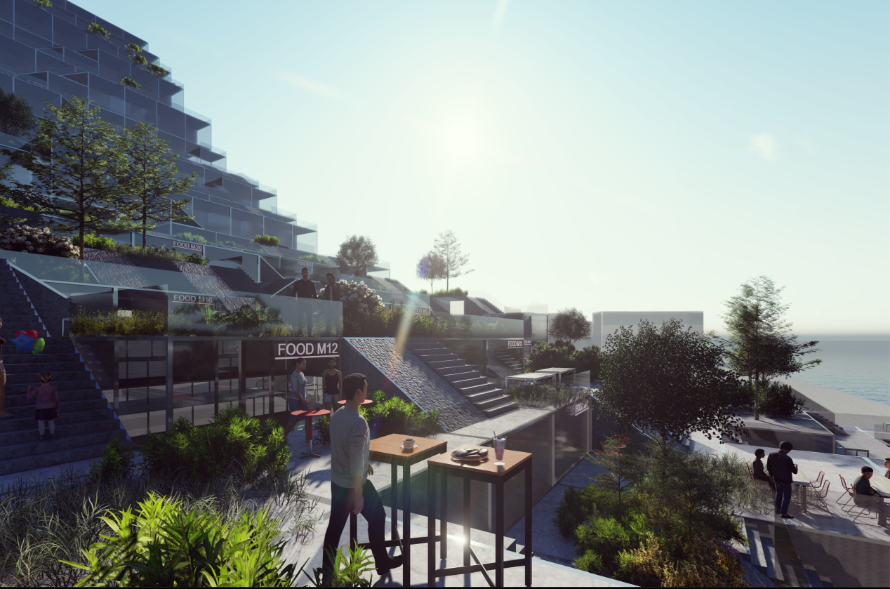 Terraced vertical village overlooking the sea, blending landscape, dining, and circulation into an explorative food experience.