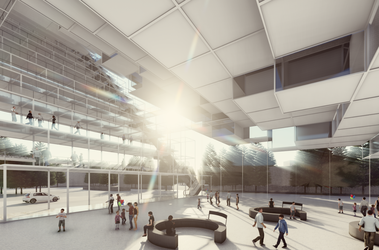Ground-level entrance hall designed as a civic plaza, welcoming visitors into the vertical market ecosystem.