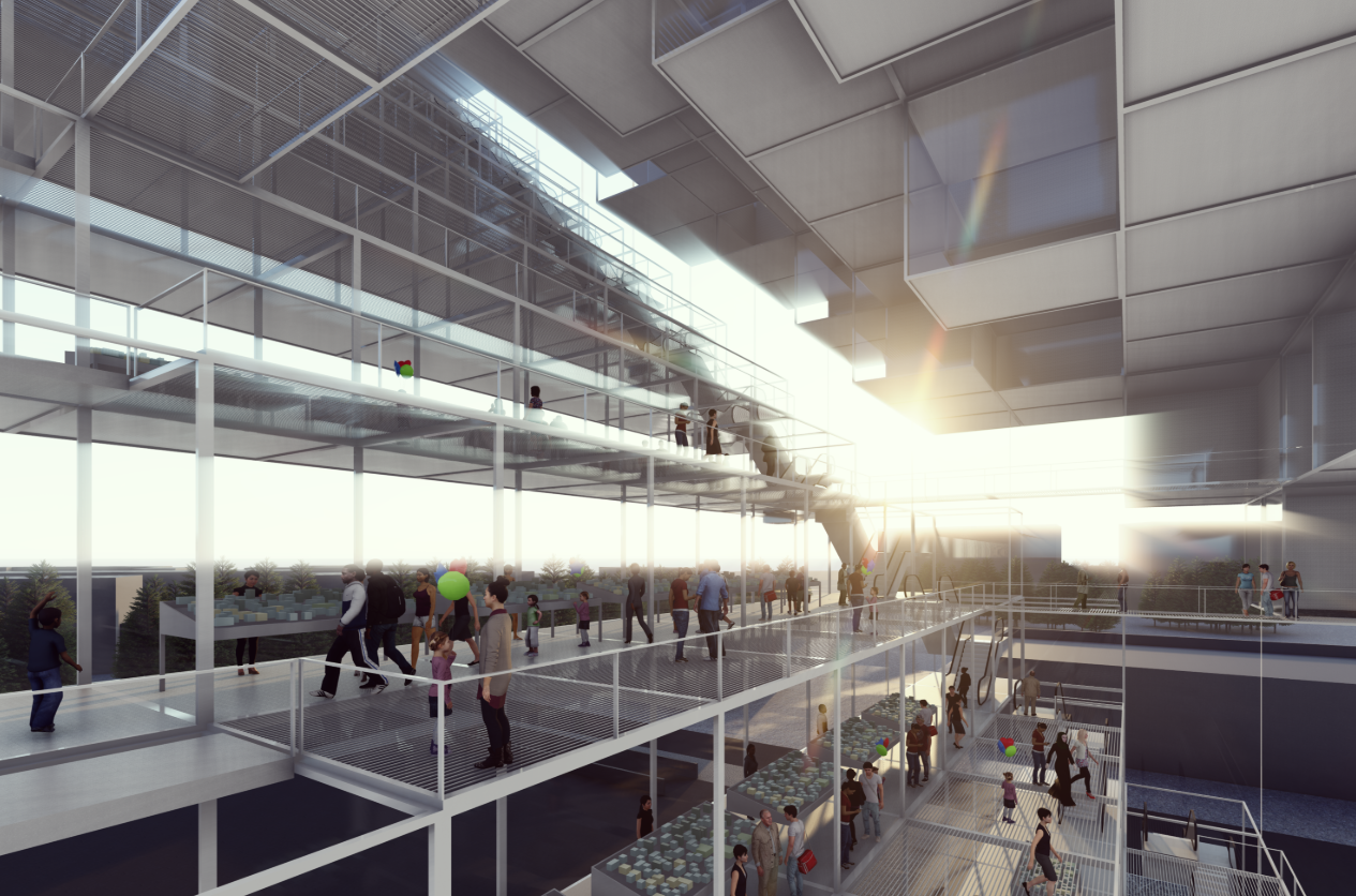 Elevated walkways and circulation decks creating visual connectivity across stacked restaurant modules.