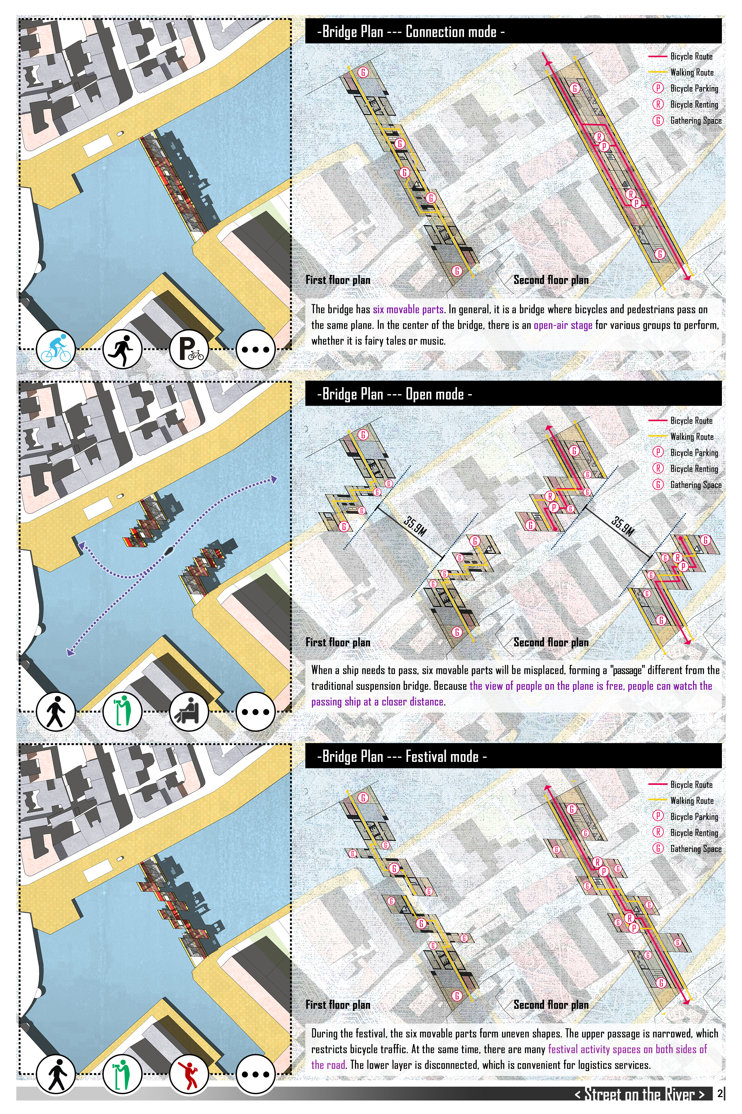 Connection, open, and festival modes illustrating the movable bridge’s flexible spatial configurations.