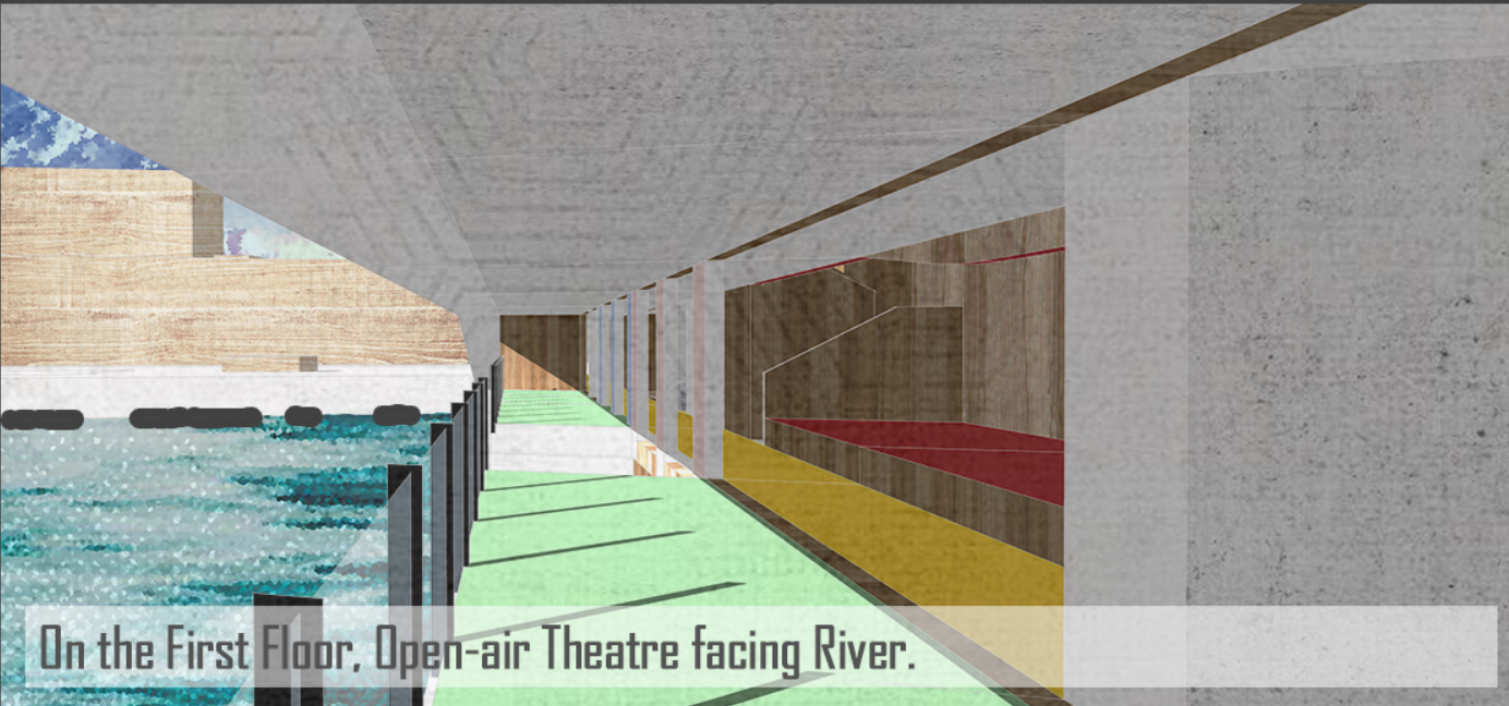 Open-air riverside theatre integrated into the lower level of the bridge.