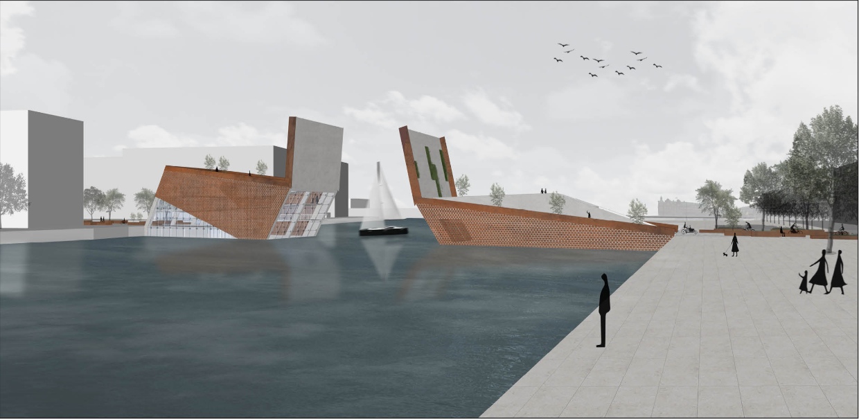 Waterfront view highlighting the perforated Corten façade and the bridge’s sculptural presence.