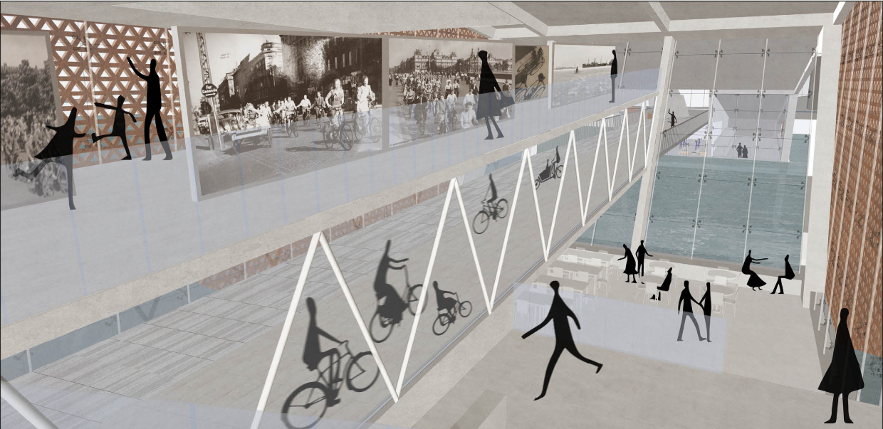 Interior view of the cycling museum where the bridge becomes the main exhibit in motion.