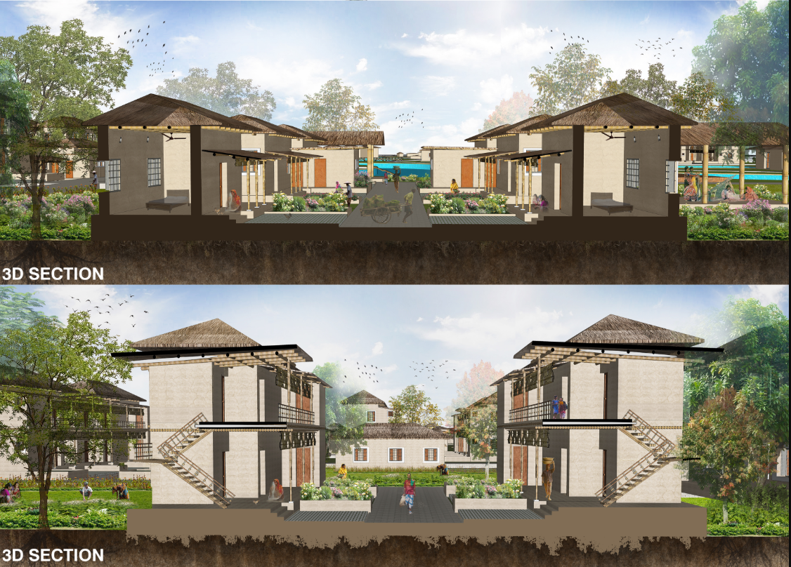 3D sectional perspective showcasing courtyard-based sustainable housing.