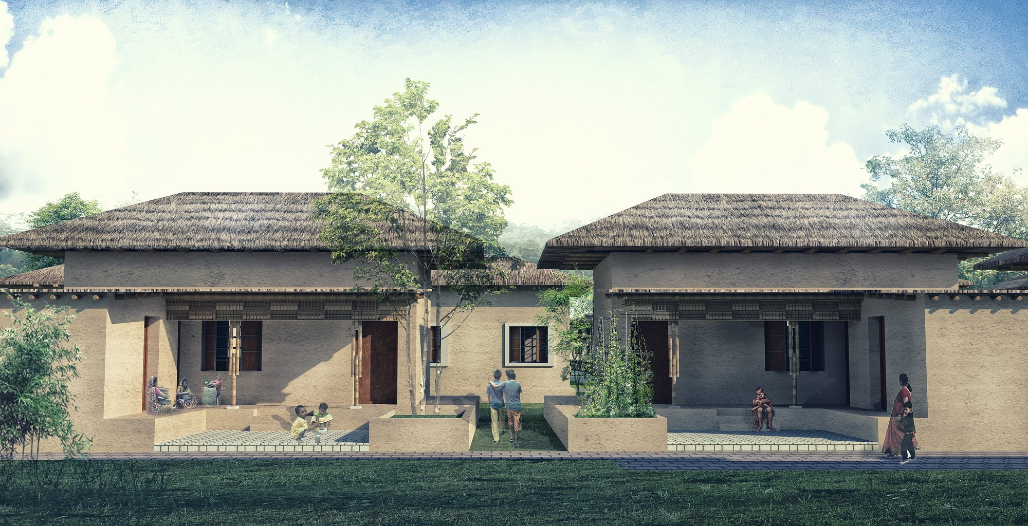 Vernacular housing elevation with raised plinth and shaded verandas.