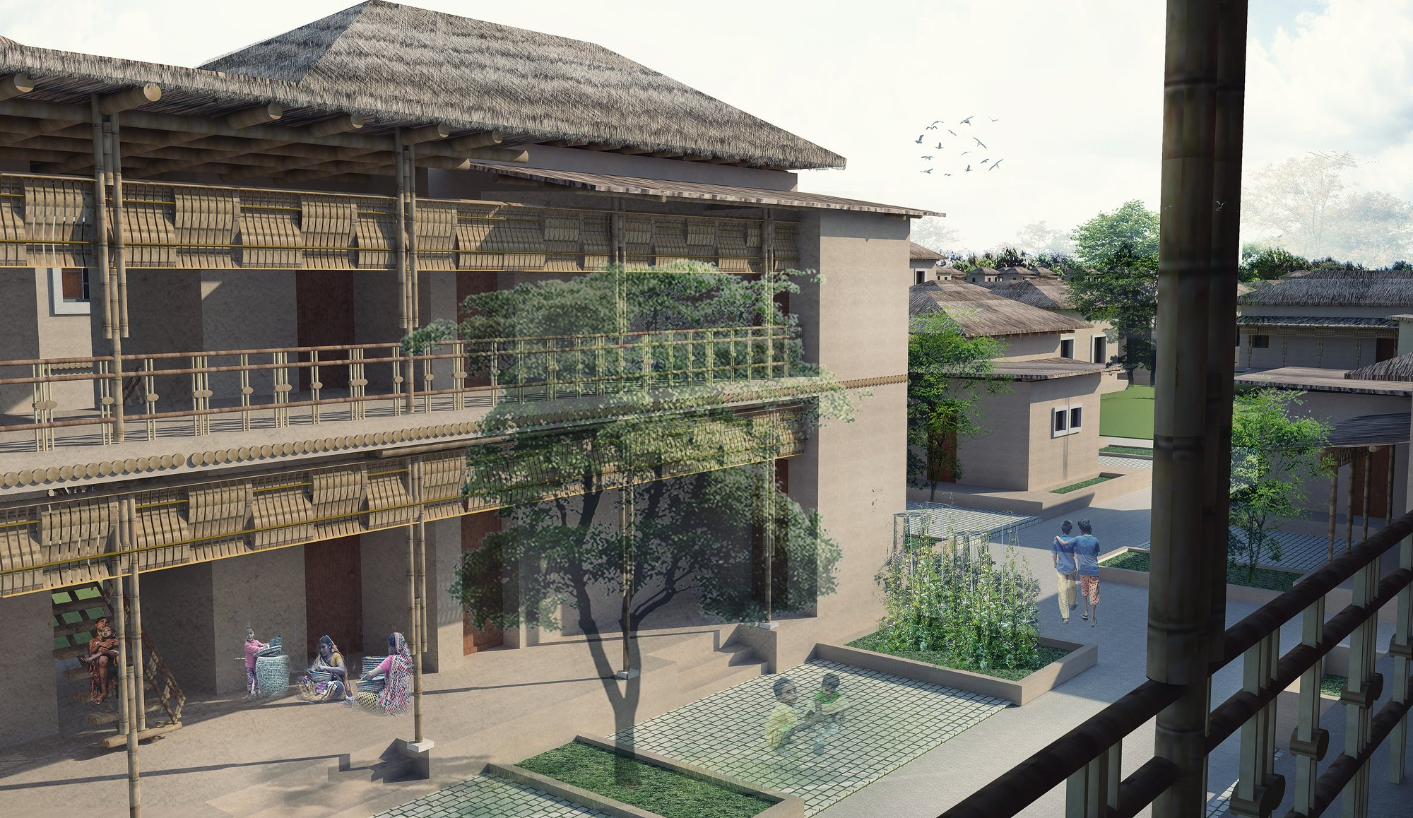 Bamboo balconies and semi-open corridors enhancing passive ventilation.