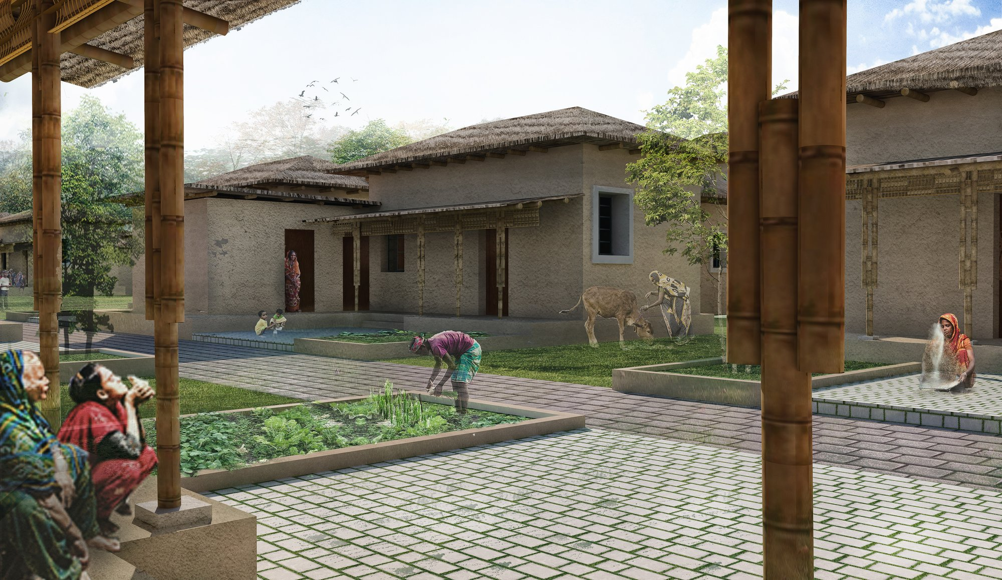 Community courtyard promoting interaction, greenery, and daily rural life.
