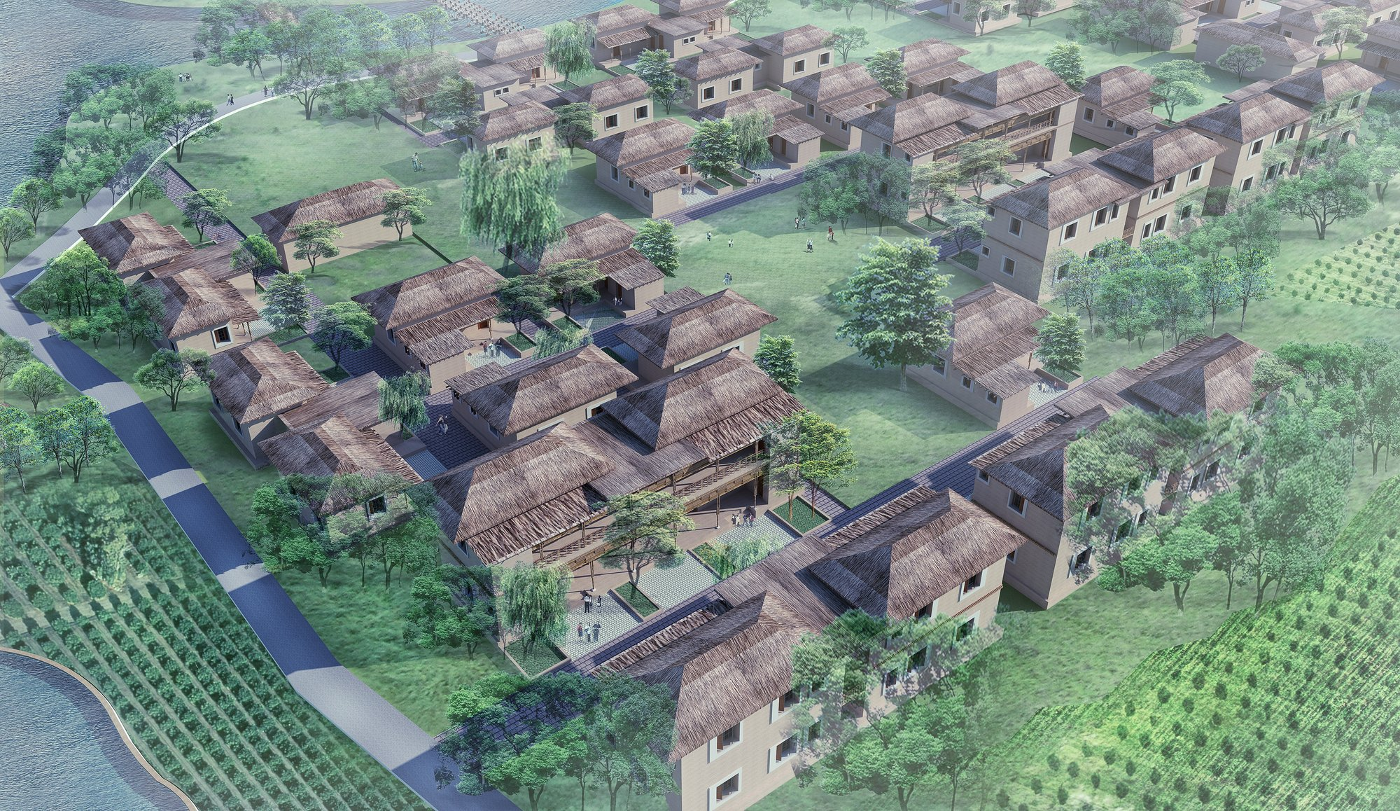 Aerial view of sustainable village master plan integrated with landscape.