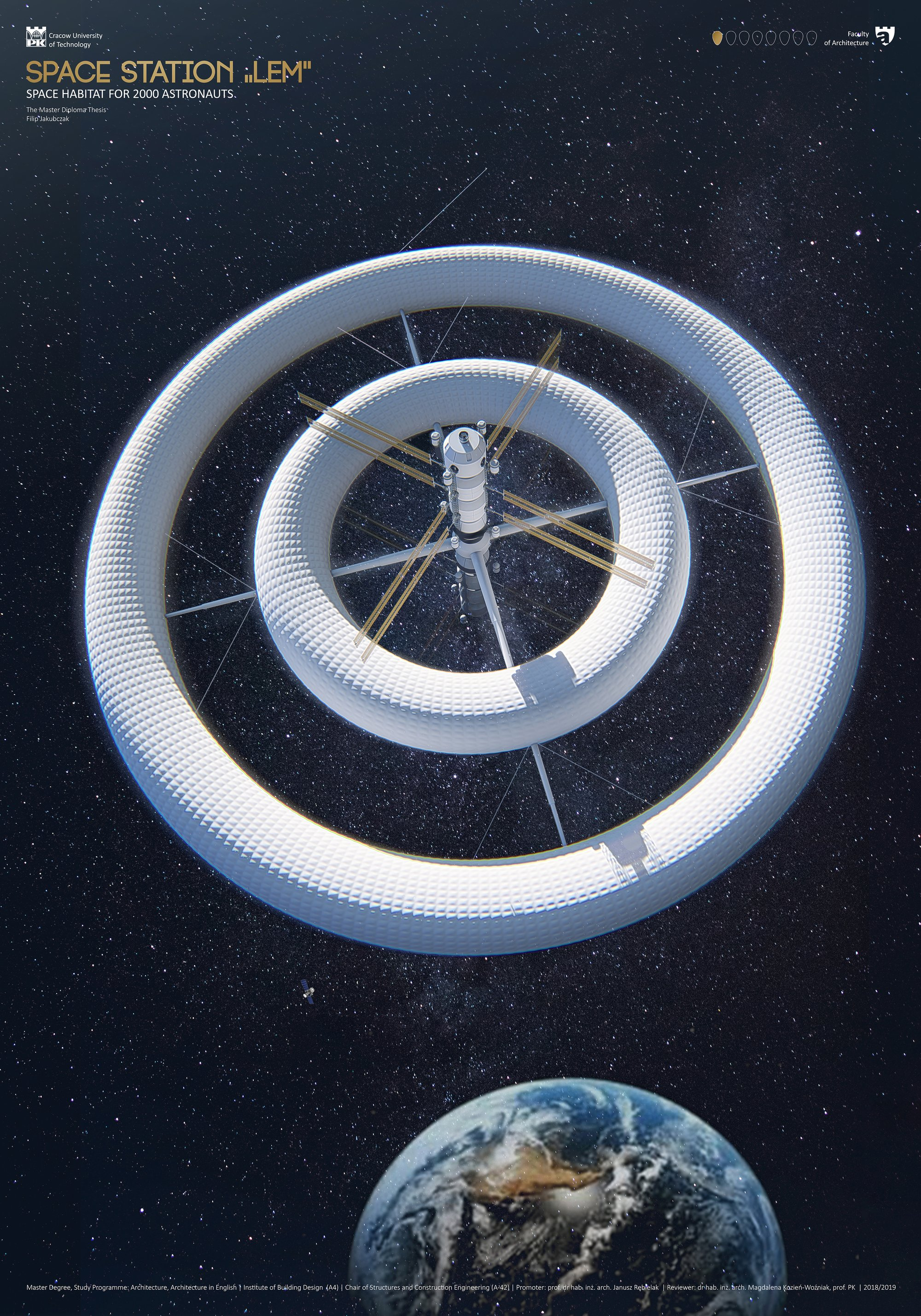 Orbital vision of Space Station LEM with dual rotating torus rings generating artificial gravity above Earth.