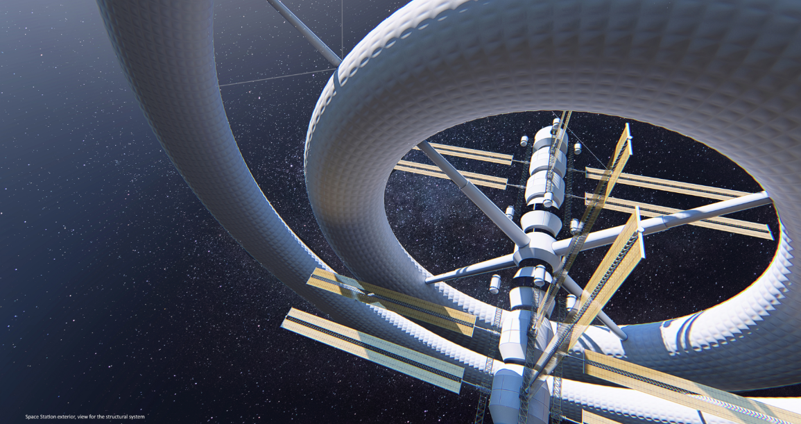 Close-up view of the structural core and solar panel network within the dual-ring space habitat.