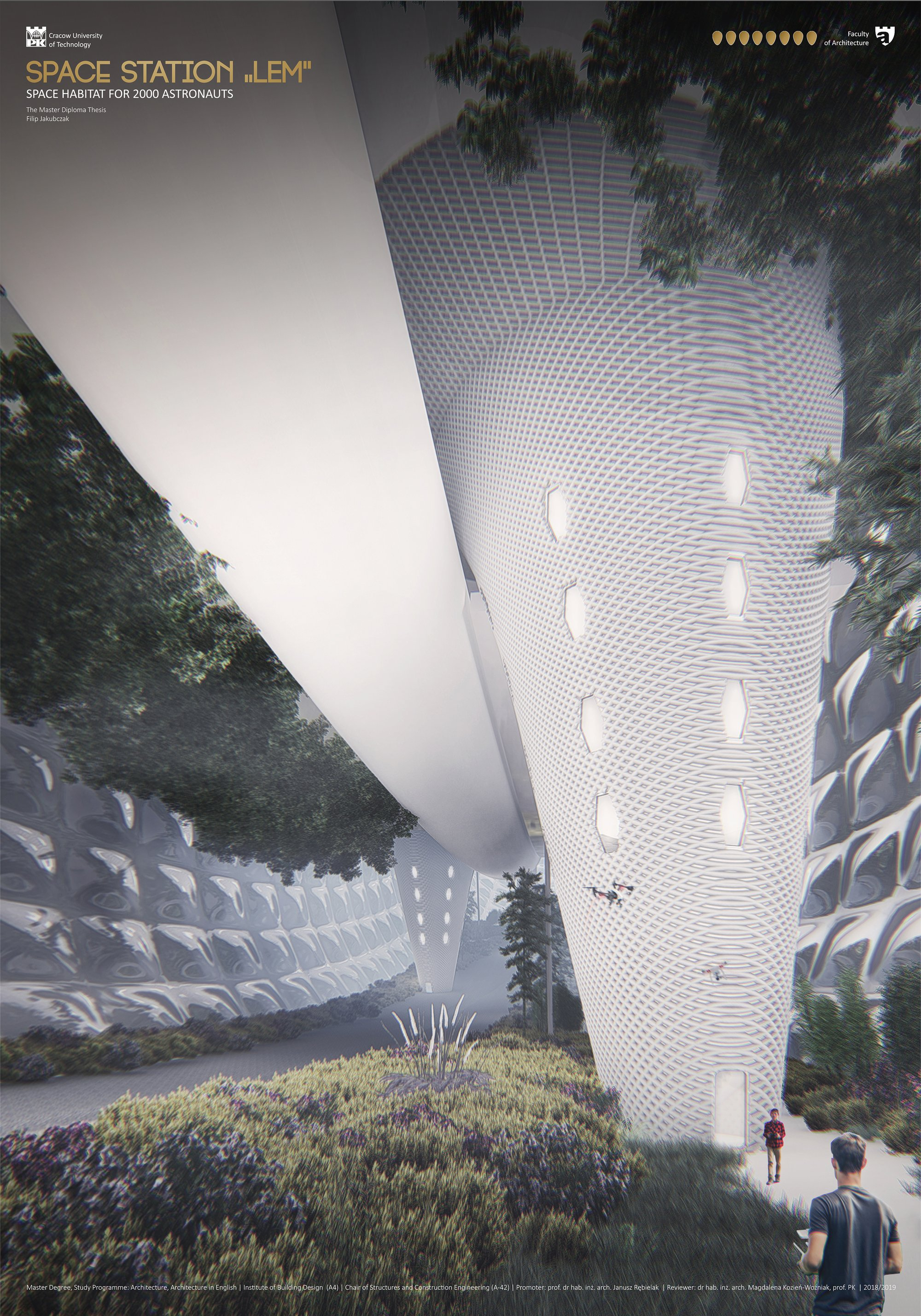Interior visualization of the multi-level habitation system integrating greenery, circulation, and sustainable living in orbit.