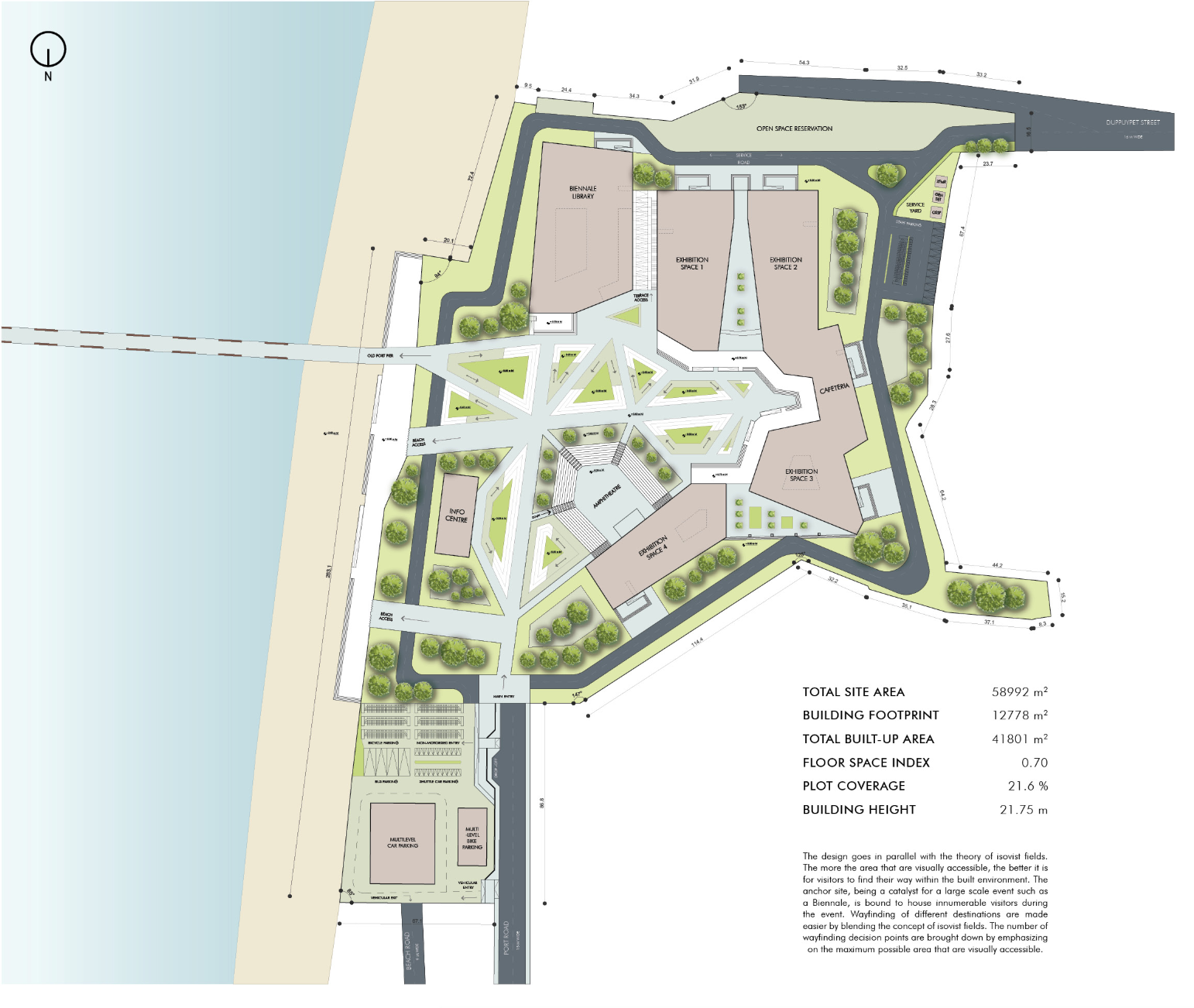 Master plan of the Pondy Biennale precinct integrating library, exhibition spaces, and public plaza.