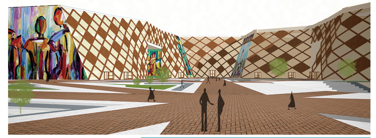 Central plaza perspective showcasing dynamic cultural architecture and public engagement.