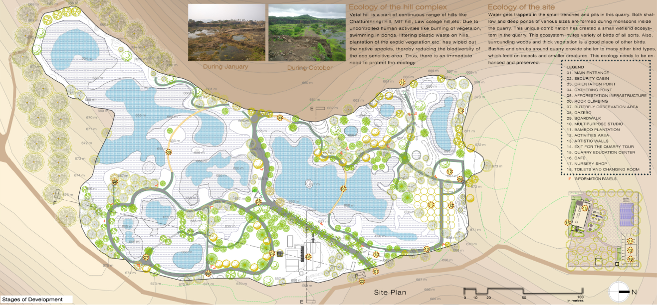 Comprehensive site plan integrating wetlands, afforestation zones, trails, and education center.