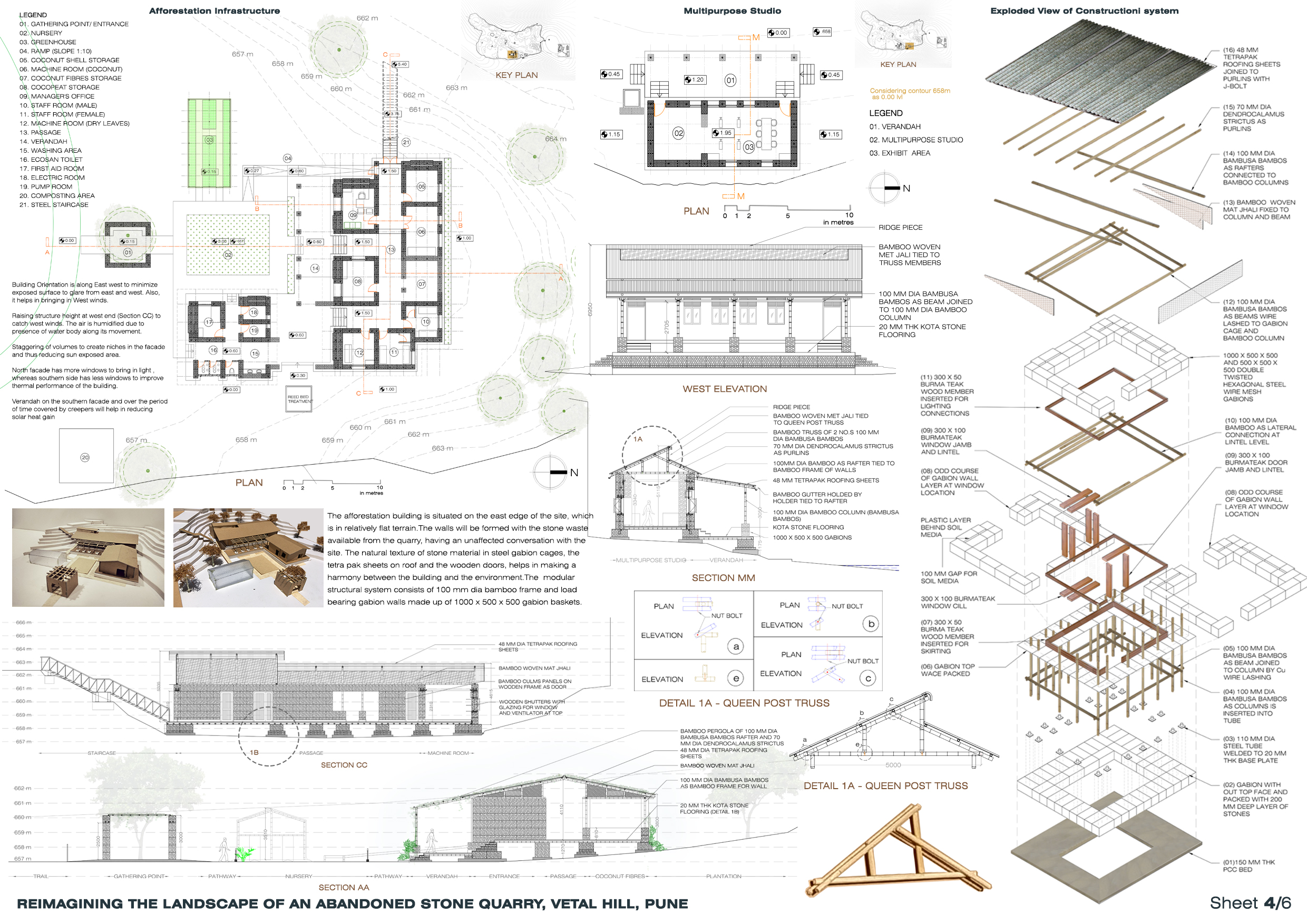 Low-impact bamboo and stone infrastructure embedded within restored quarry terrain.