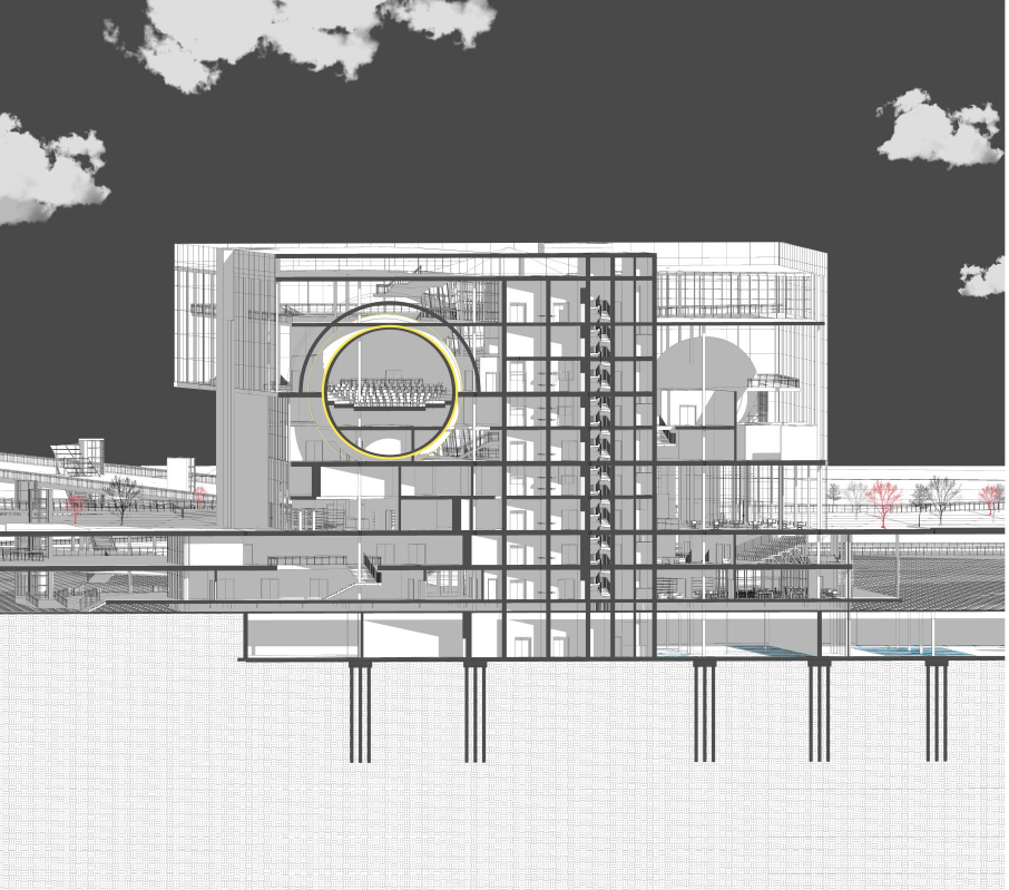 Sectional cut revealing the planetarium core and vertically connected public learning spaces.