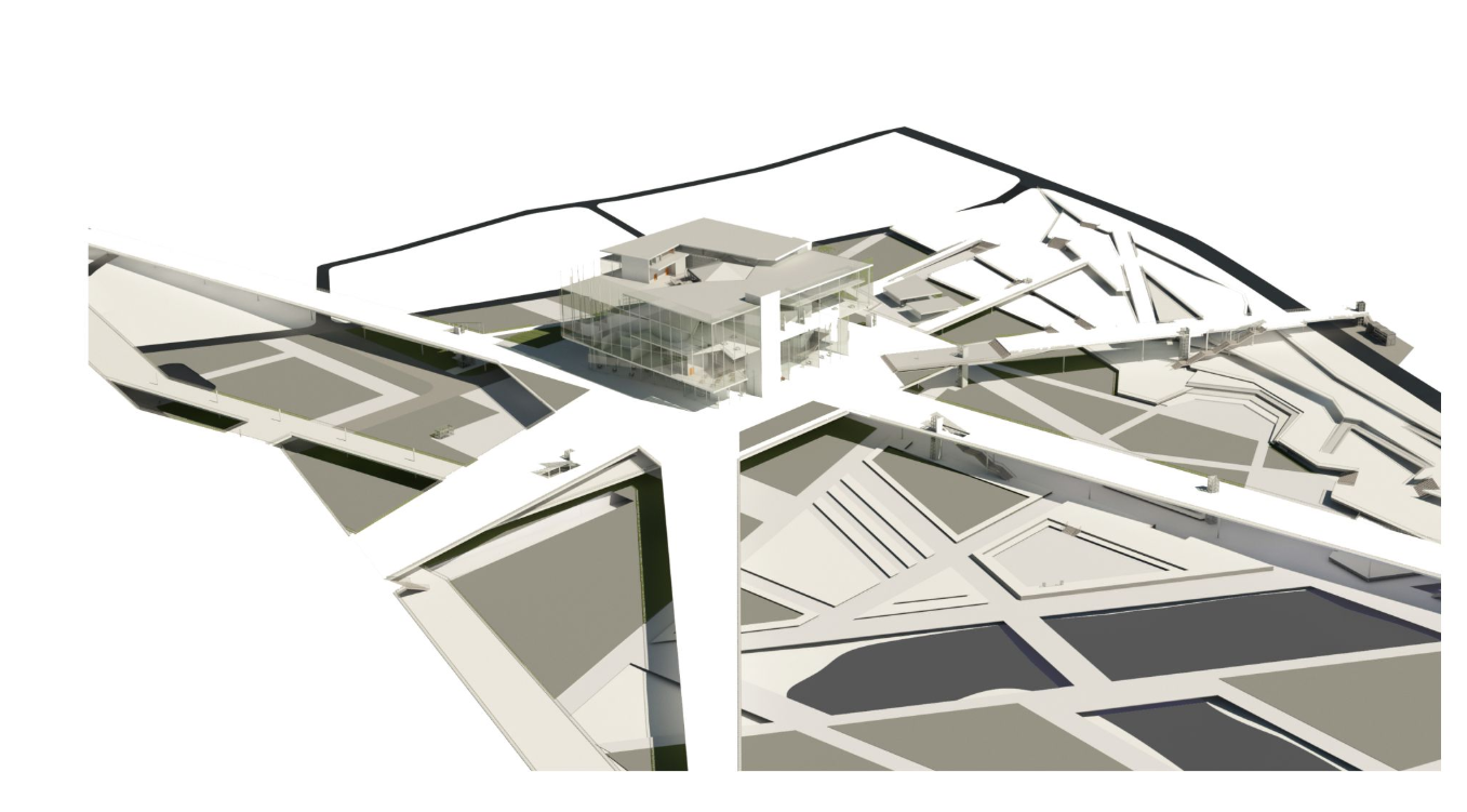 Axonometric view illustrating pedestrian bridges and the integration of the science center with the embankment.