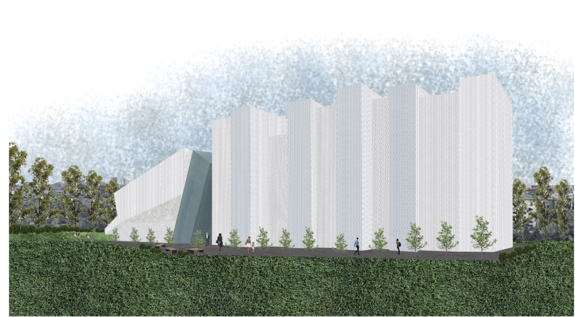 Monolithic volumes inspired by stacked books shape this contemporary library in Warsaw.