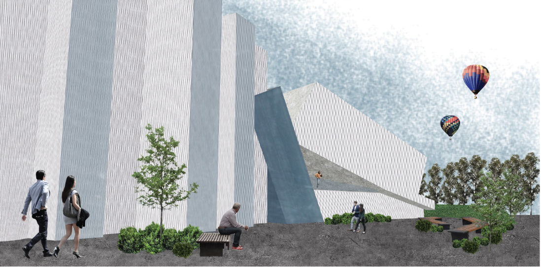 Green roof and sculptural façade create a civic gathering space within the urban landscape.