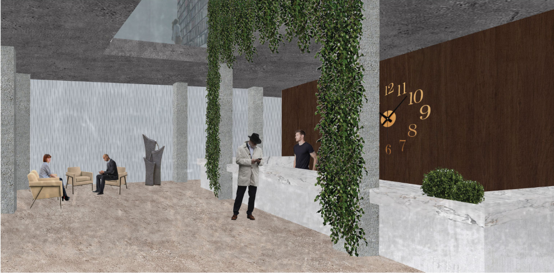 Raw concrete, warm wood, and vertical greenery define a calm and welcoming entrance.