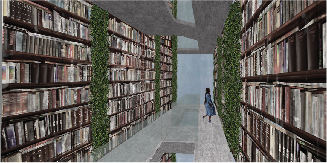 Towering bookshelves and biophilic walls transform reading into an immersive spatial experience.