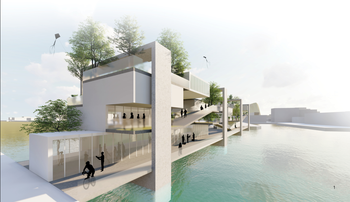 Floating volumes and layered ramps transform the cycling bridge into an active public waterfront space.