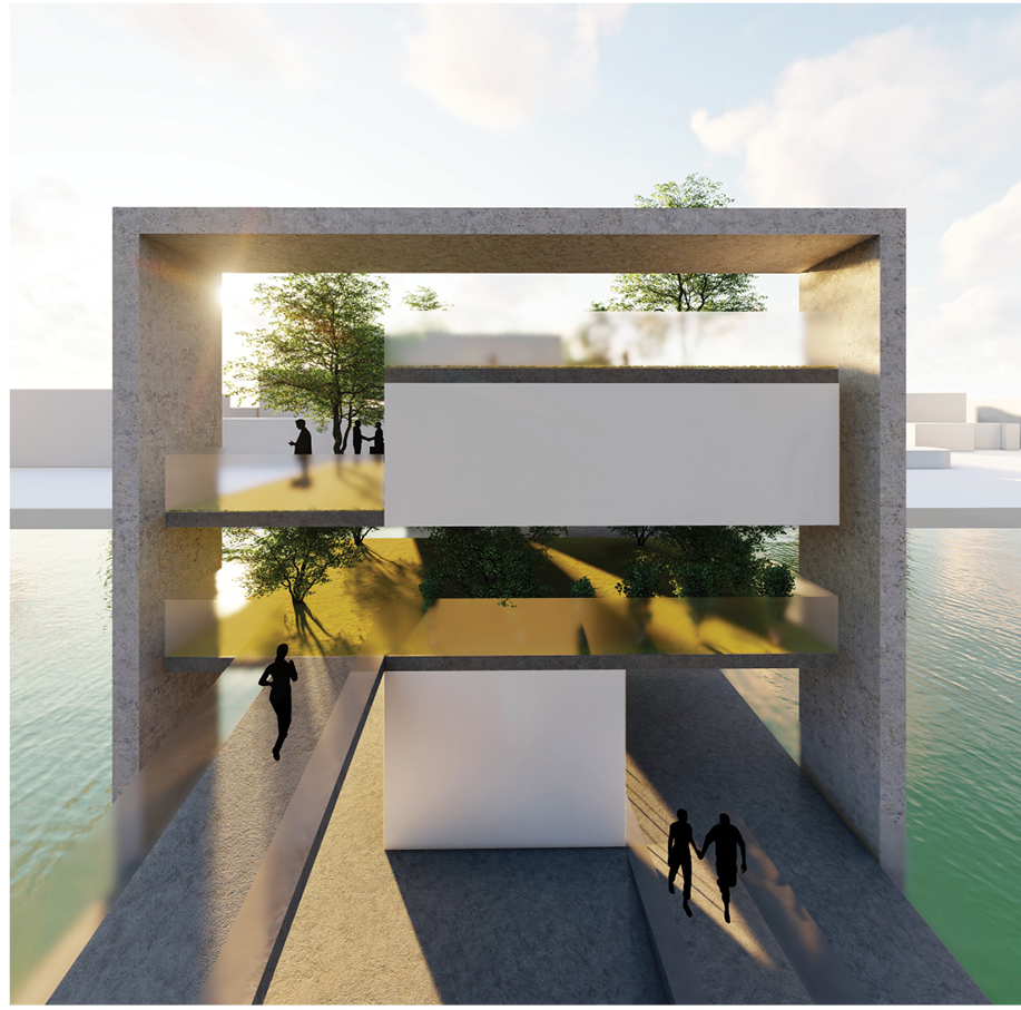 Framed concrete portals structure circulation while filtering light and views across the harbor.