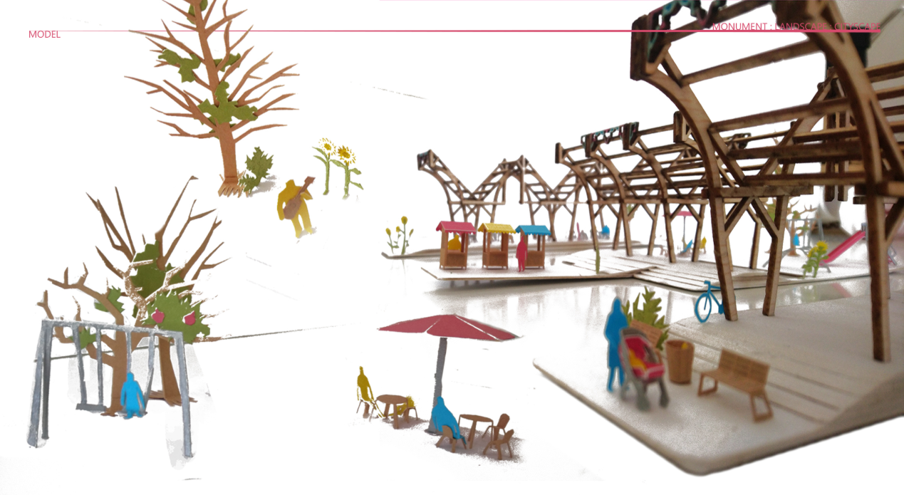 Physical model showing the wooden canopy structure activating public space with markets, play areas, and shaded gathering zones.