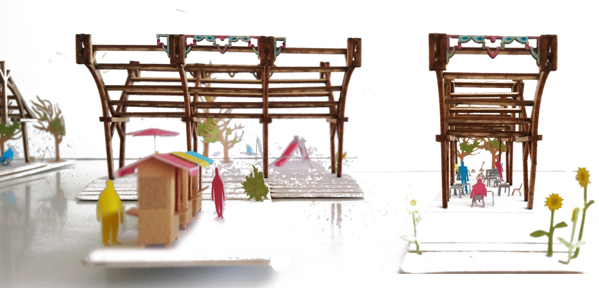 Modular timber framework reinterpreting vernacular porch ornamentation into a contemporary civic pavilion.