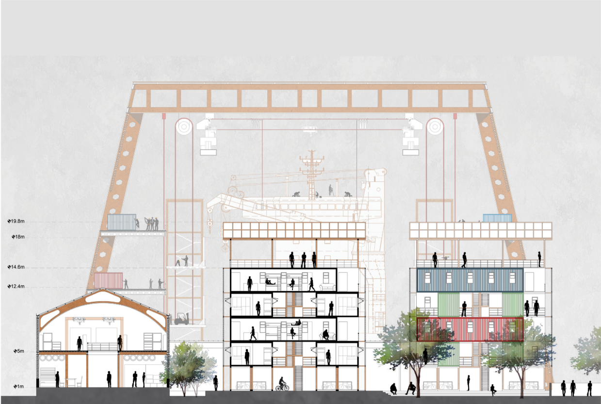 Integrated container housing and admin block in sectional elevation.