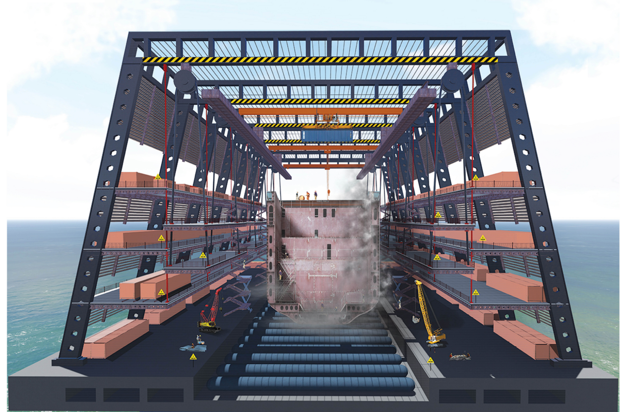 Interior perspective of the multi-level cutting structure with gantry cranes.