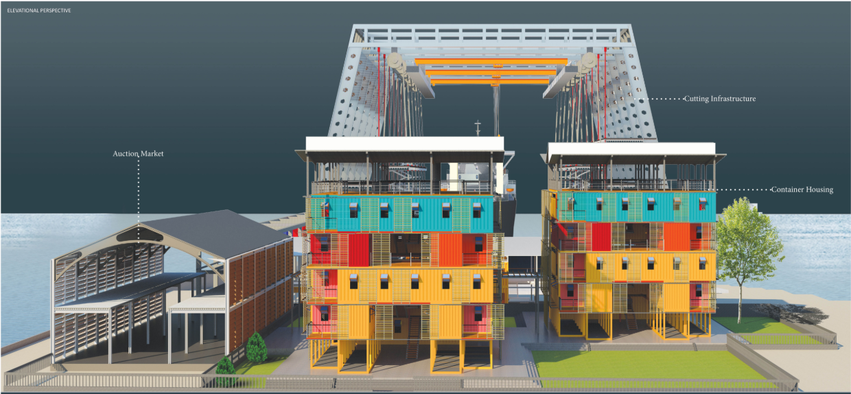 Elevational view showing cutting infrastructure and modular worker housing.