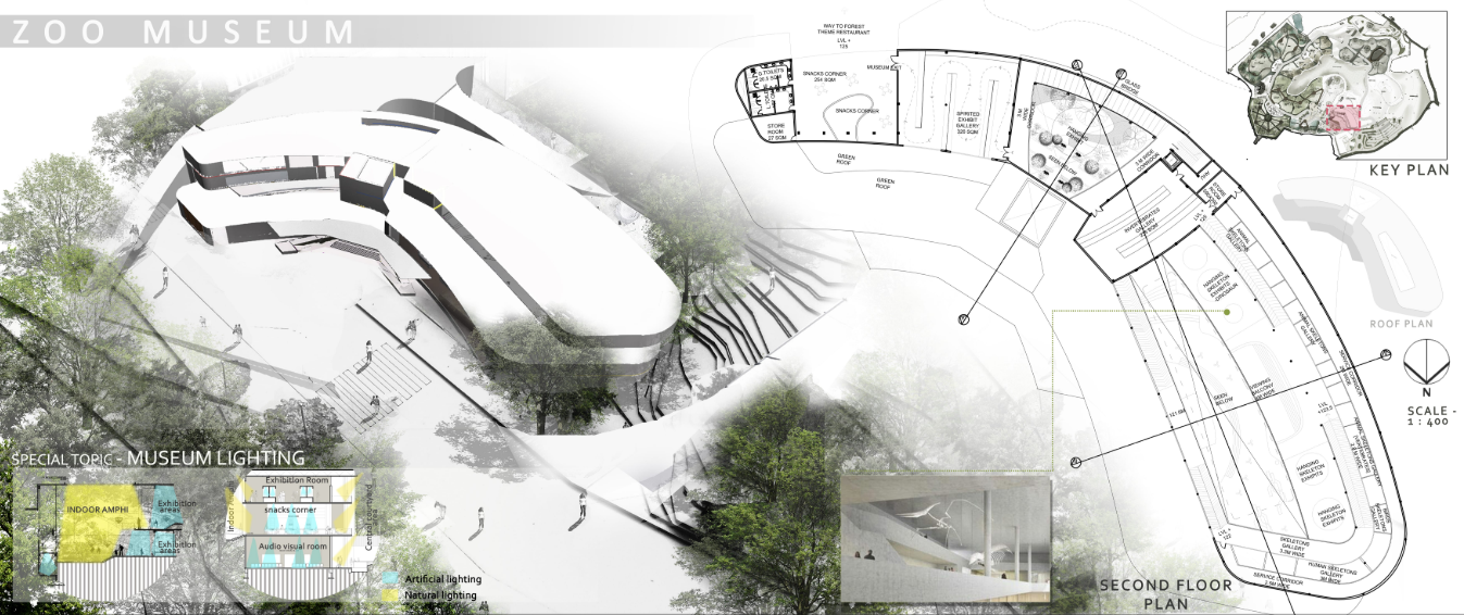 Natural and artificial lighting strategies enhancing immersive exhibition spaces.