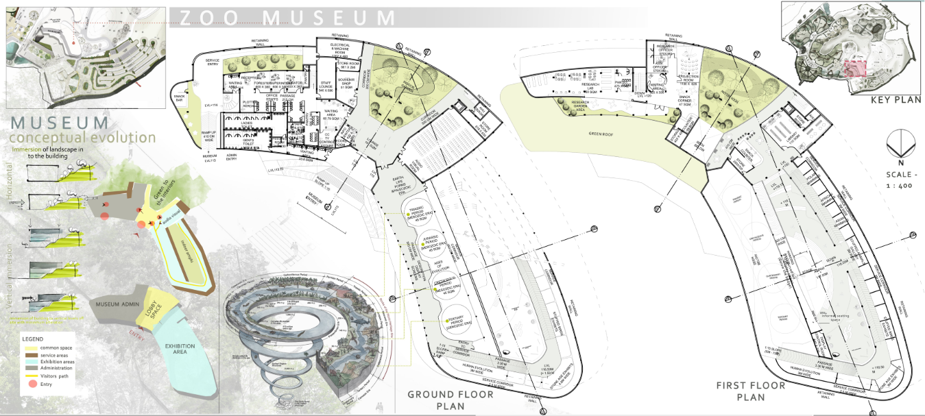 Spiral museum layout guiding visitors through evolutionary narratives.