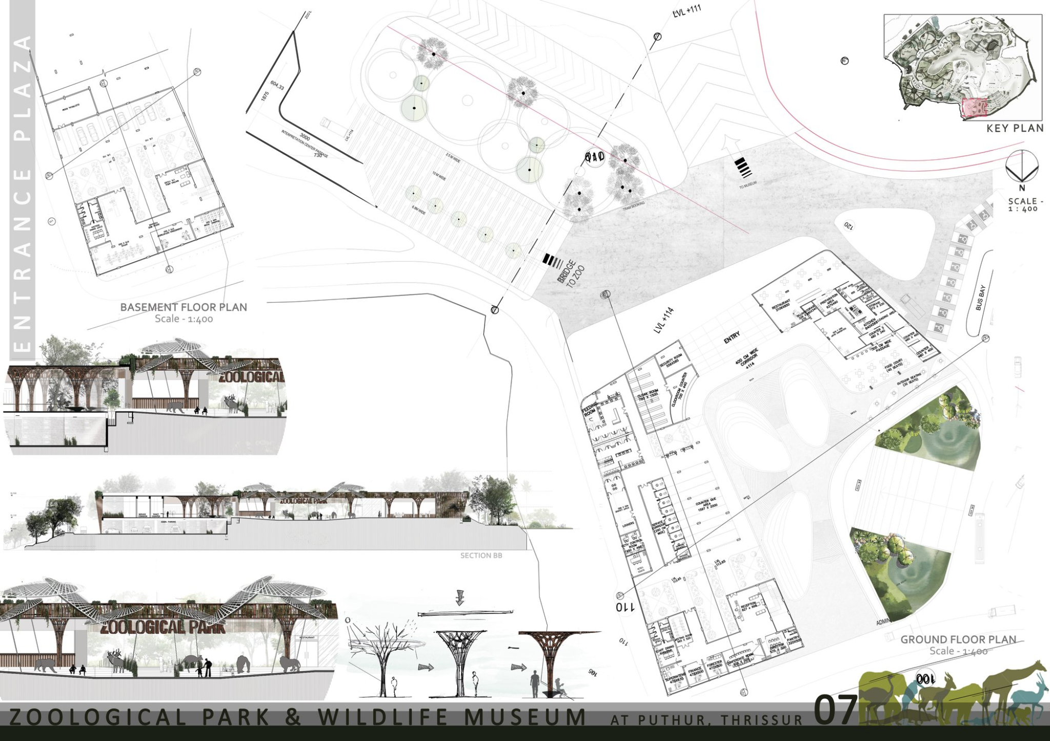 Climate-responsive entrance design blending structure with landscape contours.