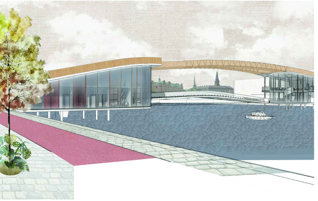 Side elevation highlighting the lightweight truss structure and openable bridge segment above the harbor.