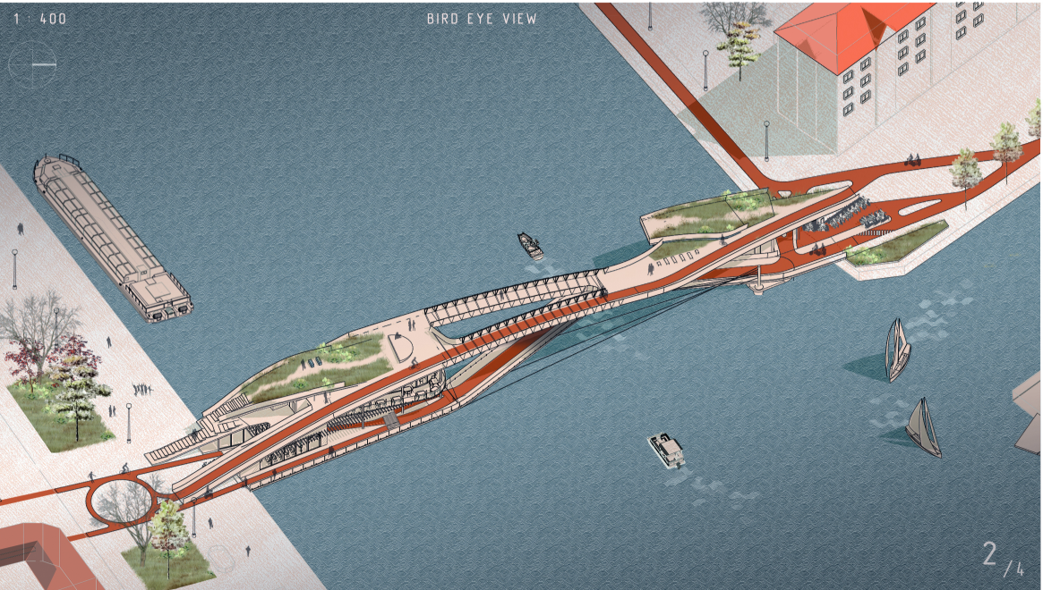 Bird’s-eye view revealing the bridge as a multifunctional urban connector and public landscape.