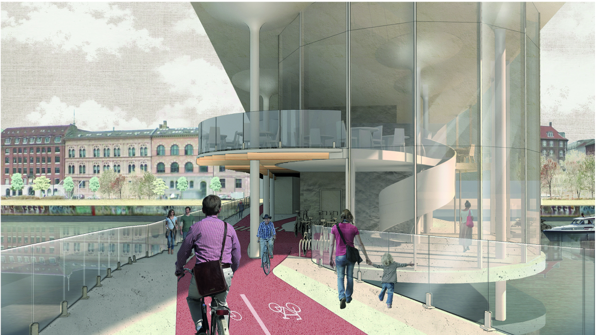 Ground-level perspective showing café, retail, and cycling infrastructure merging into a vibrant public space.
