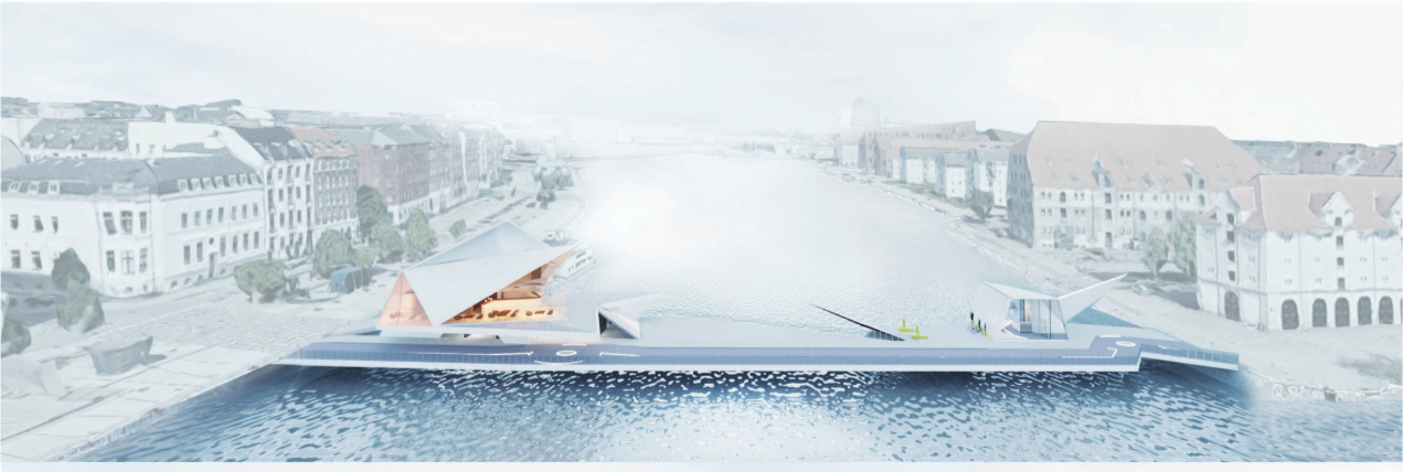 Panoramic elevation showing the bridge as a continuous public platform across Copenhagen’s harbor.