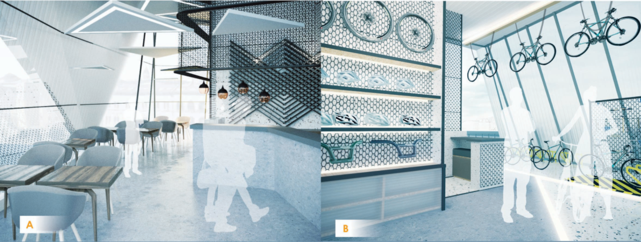 Interior café space combining angular geometry, warm lighting, and panoramic harbor views.