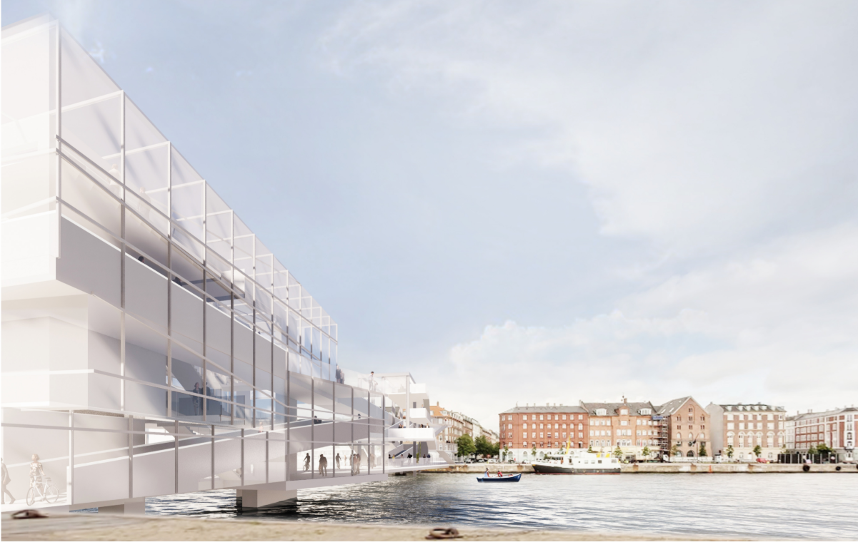 Waterfront elevation showcasing layered circulation for cyclists and pedestrians.