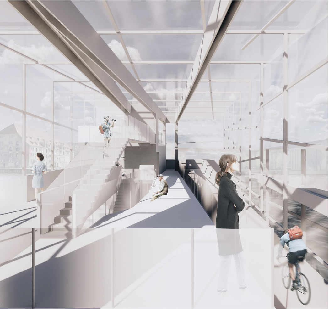 Interwoven interior ramps create dynamic vertical connections and public pause spaces.