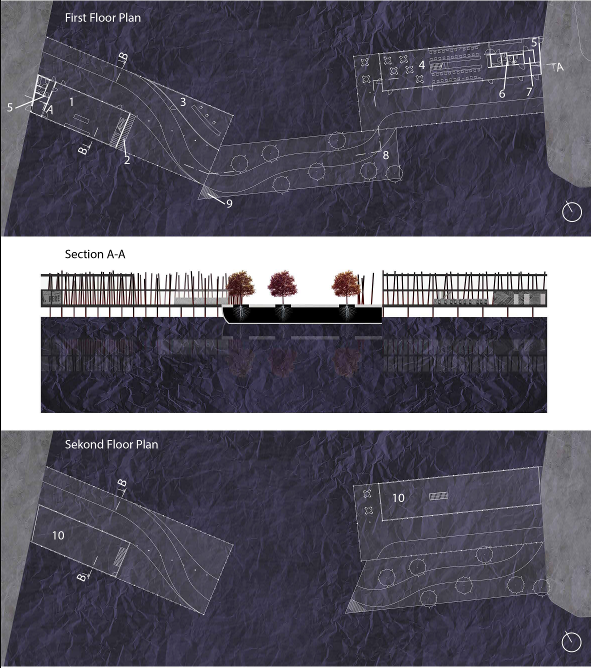 Architectural plans and sections illustrating the bridge’s street-axis continuation, circulation flow, and mixed-use layout.