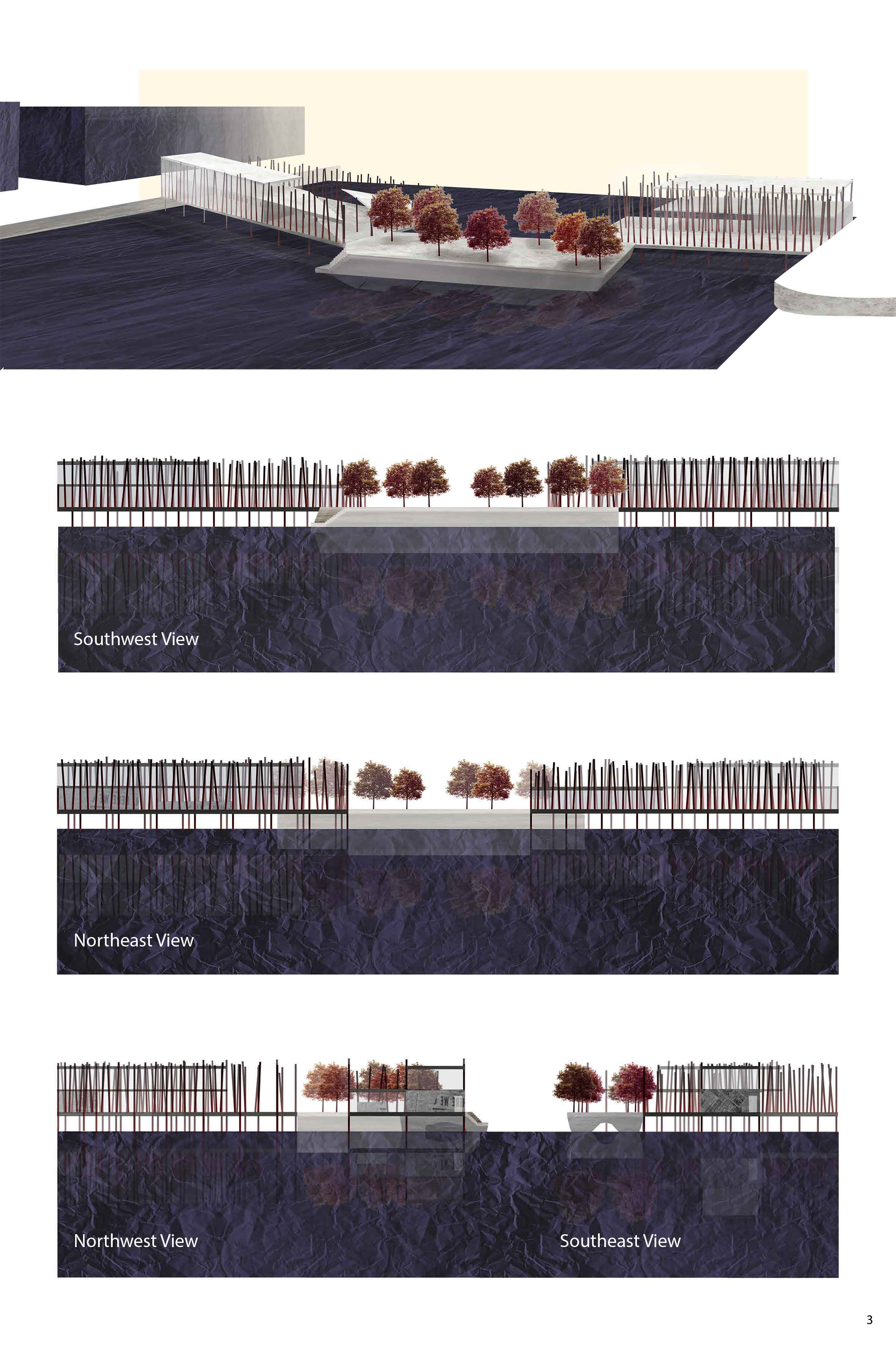 Elevations and perspective views highlighting the rhythmic pillar forest and floating park platform above water.