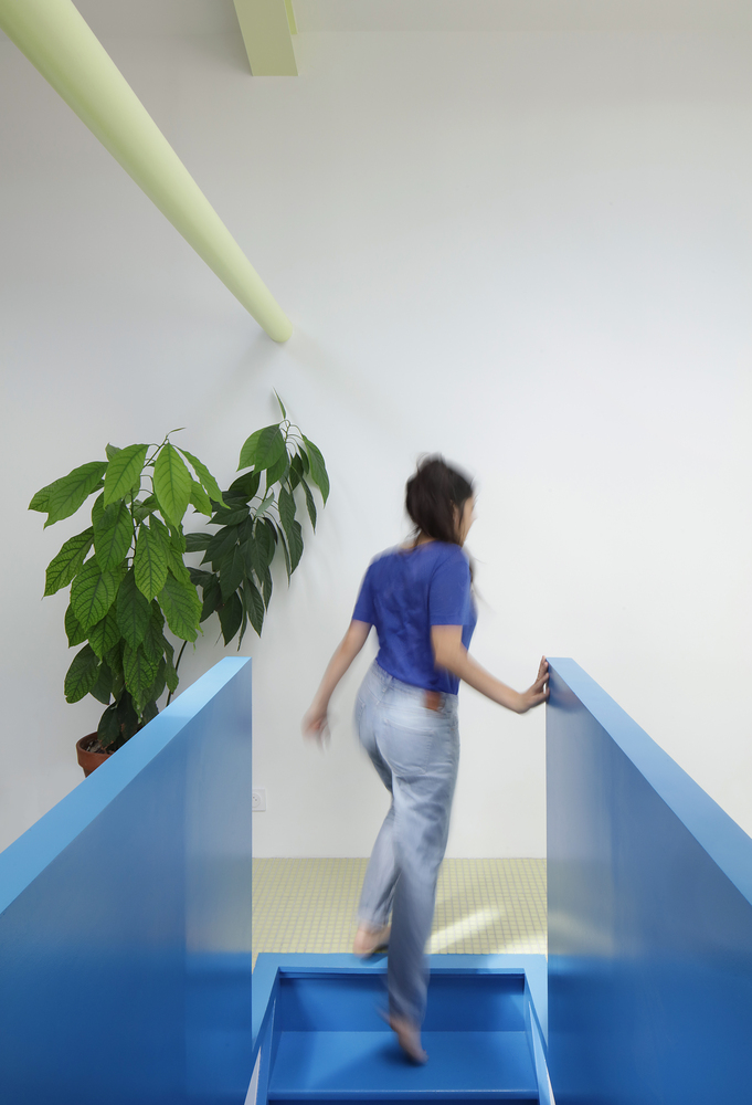 Person descending blue-painted stair between angular walls with potted plant and pale green ceiling detail