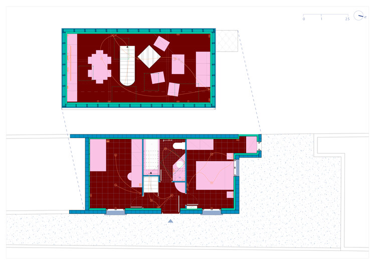 Floor plan drawing showing two levels with curved stair connecting attic and main floor rooms