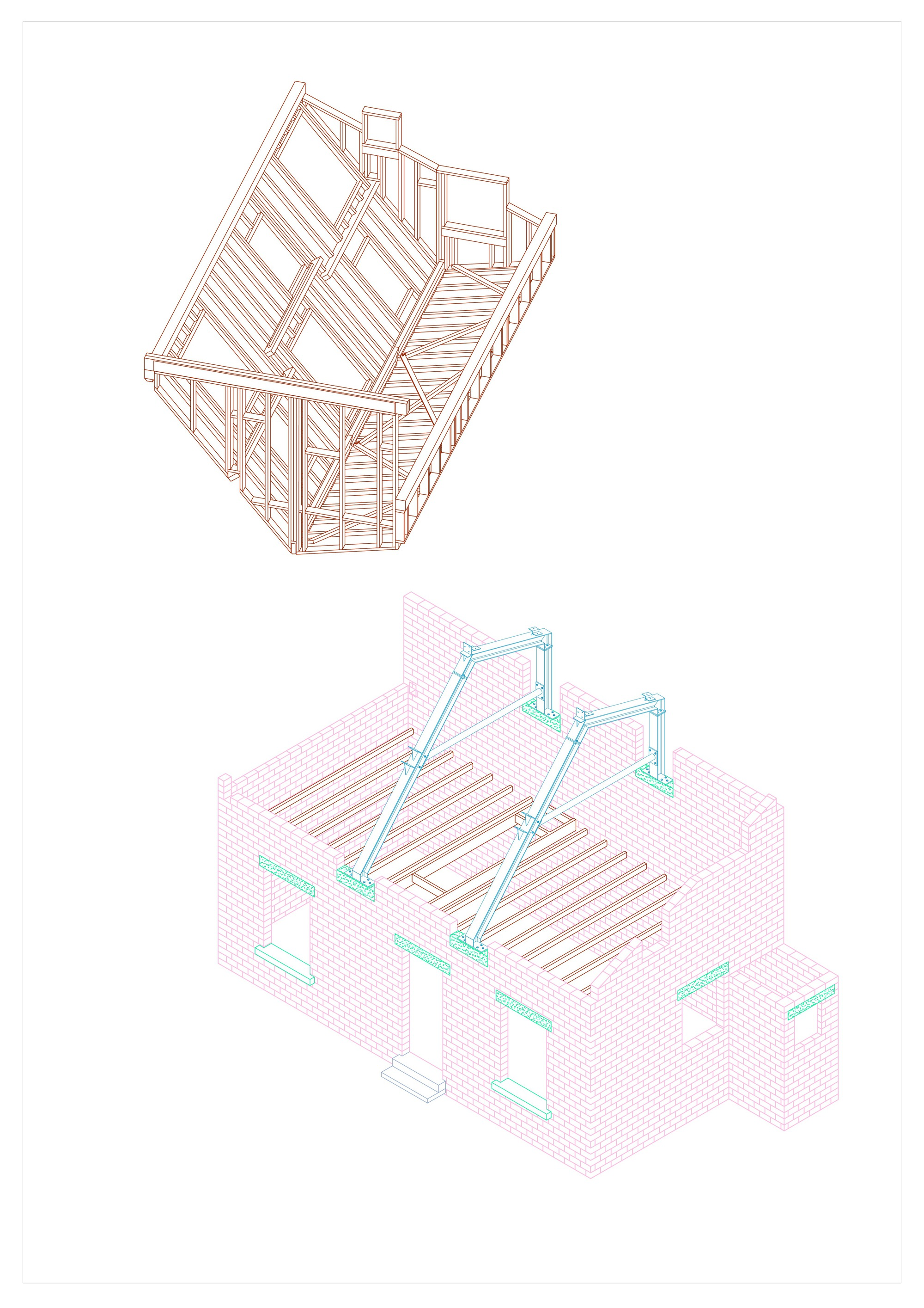 Axonometric drawing showing timber frame structure above and roof framing with masonry base below